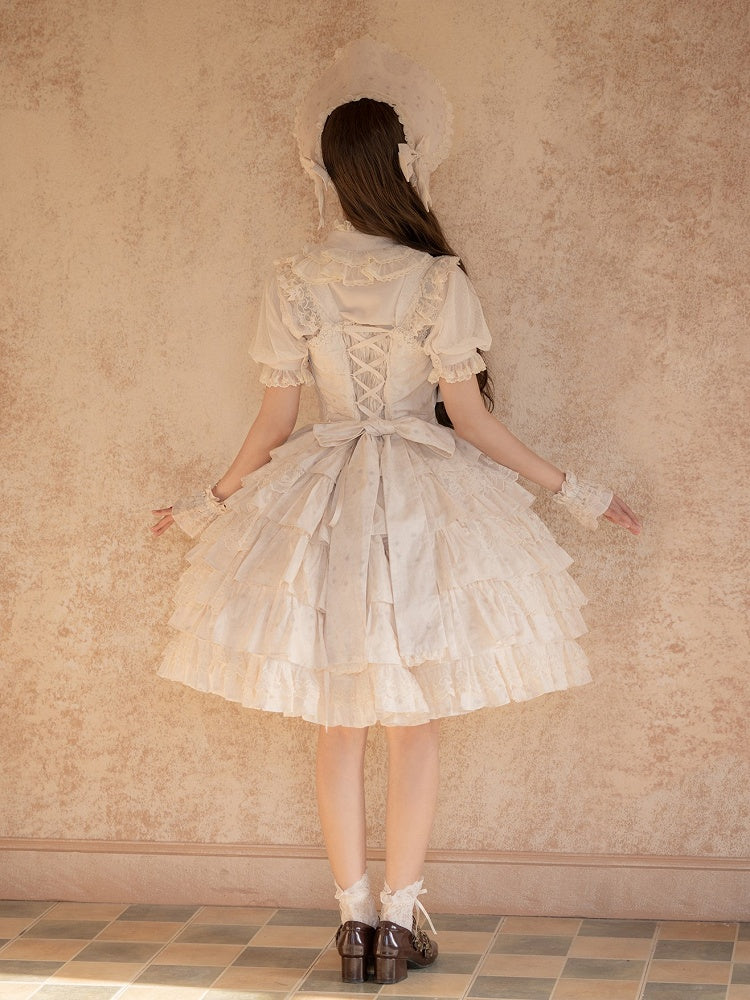 Beige and Brown Bunny Print Layered Ruffle Jumper Skirt with Bows - NnSTAR | CoyBunny