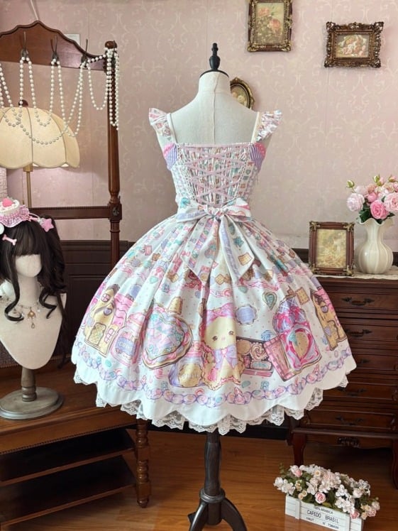 Adorable White Bear-Print Lace JSK with Ribbon Embellishments - Sweet Dream Shop | CoyBunny