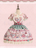 Pink & Green Alice Cat Vibes Heart-shaped Patch Sweet Lolita Dress with Apron Belt - Mewroco | CoyBunny