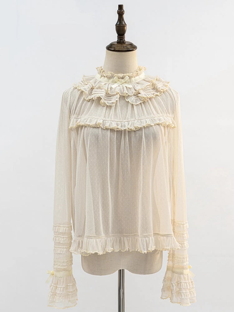 Beige Ruffle Neckline Sheer Long Sleeves Blouse | CoyBunny