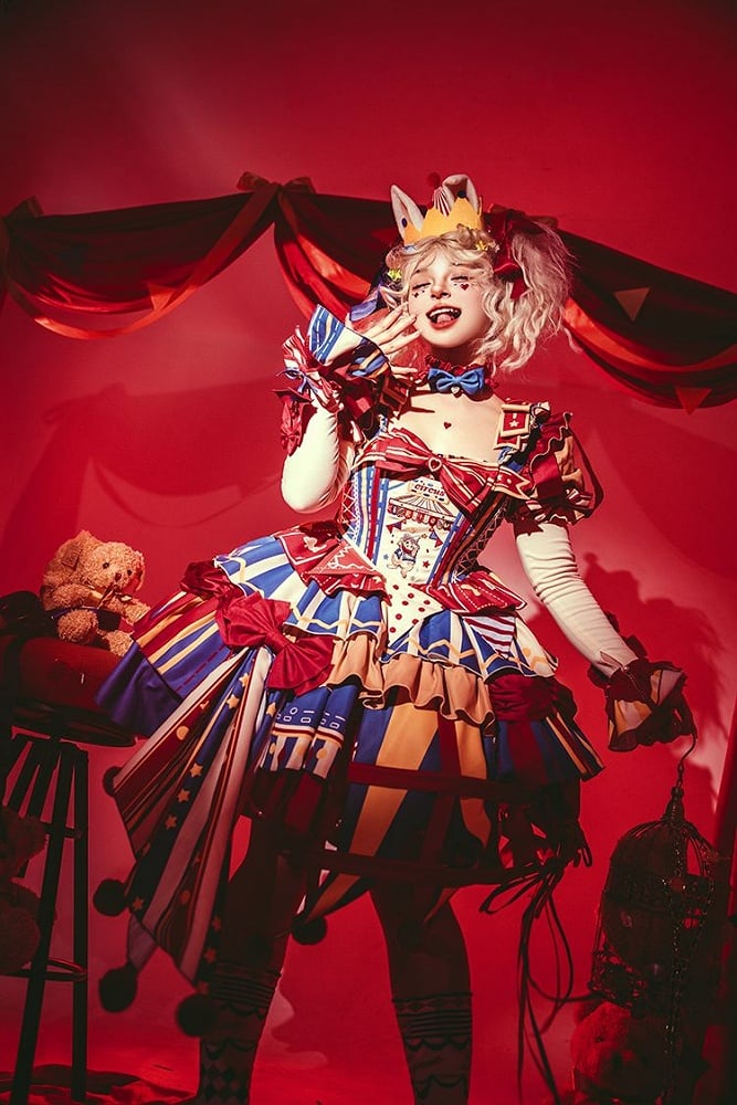 Red and blue bunny circus Sweet Lolita JSK dress ¨C blue accent detail