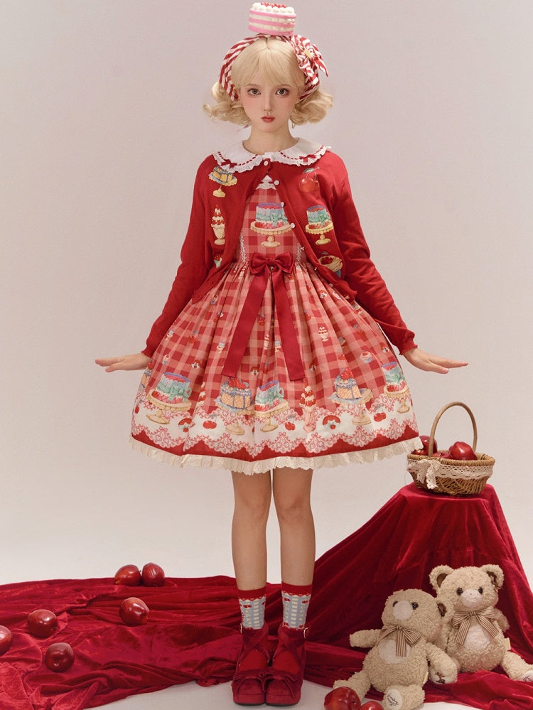 Red Gingham Print Cherry and Dessert Sweet Lolita Jumper Skirt | CoyBunny