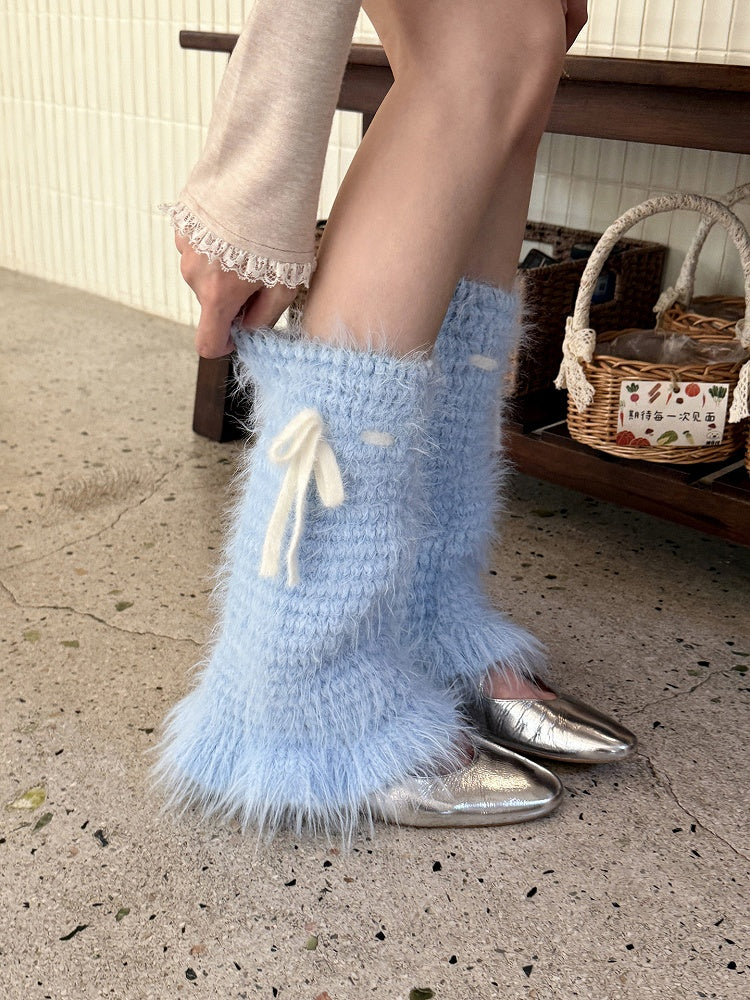 Fluffy Knit Bow Leg Warmers - Sweet Lolita Kawaii Accessory | LilyVow | CoyBunny