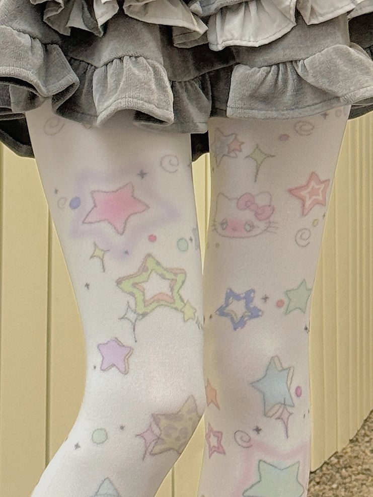 White Sweet Star Print Tights - Kawaii Cute Legwear | CoyBunny