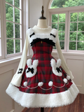 Red Plaid Pattern Winter Bunny Theme Christmas Lolita Dress Plush Neckline and Hemline | CoyBunny