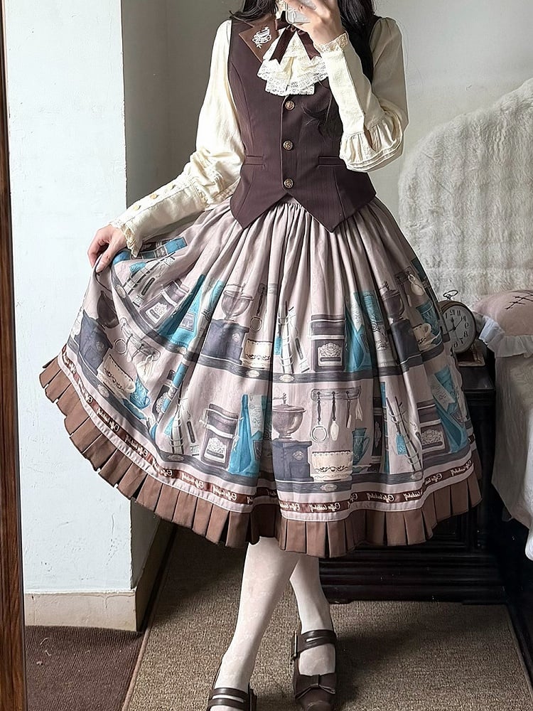 Gray Brown Coffee Cup Bookshelf Print Elegant Skirt Ruffled Hem - Dream Whale | CoyBunny