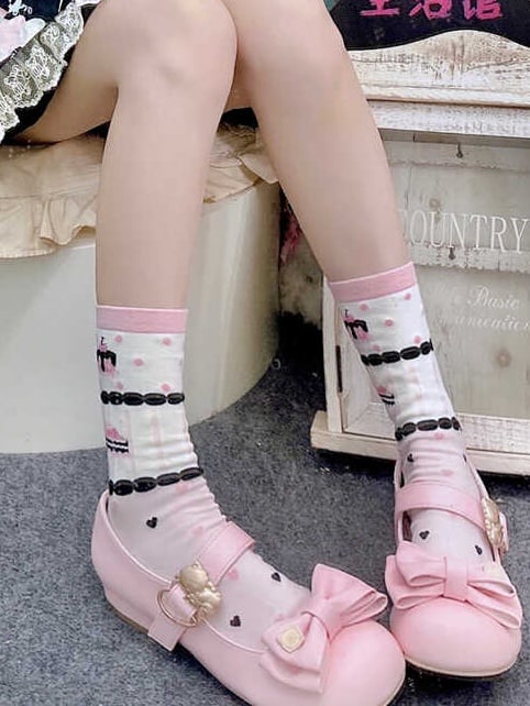 Sweet Lolita Calf Socks with Cake, Strawberry and Bow Print | CoyBunny