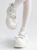 White Platform High Heels with Heart Buckle and Bow - Rainie Dream | CoyBunny
