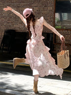 Pink Butterfly Print Dress with Asymmetrical Hem - Qchiwawameme | CoyBunny