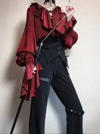 Crimson Poet Shirt with Floral Pins and Chain Accents - Shi Zhi Mao | CoyBunny
