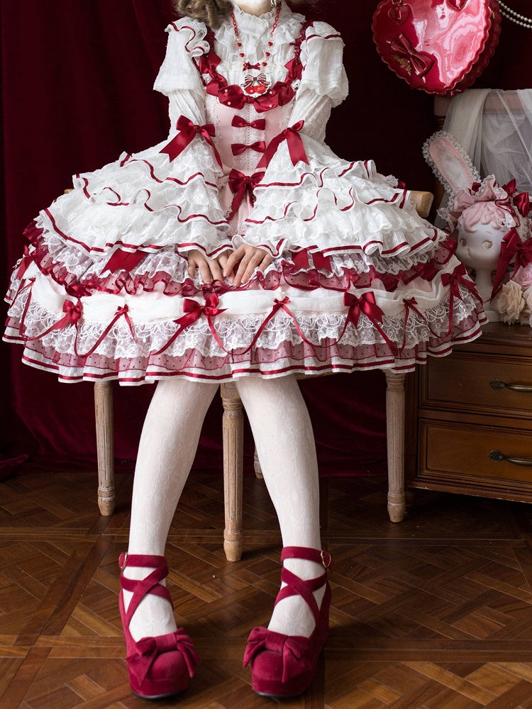 White Ruffled Neck Lolita Tiered Bell Sleeves Blouse Red Bows - Starry Messenger | CoyBunny