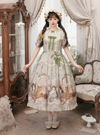 Green Cat Print Round Neck Sweet Lolita Dress with Lace Trim - NyaNya | CoyBunny