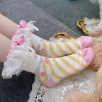 Pink&Yellow Sweet Lolita Bowknot Striped Pattern Calf Socks | CoyBunny