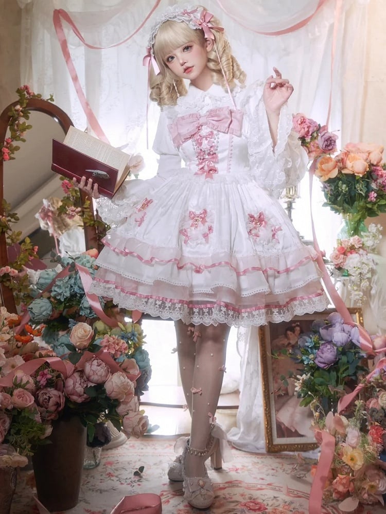 White and Pink Bowknot Details Tiered Skirt Sweet Lolita Dress Jumper Skirt | CoyBunny