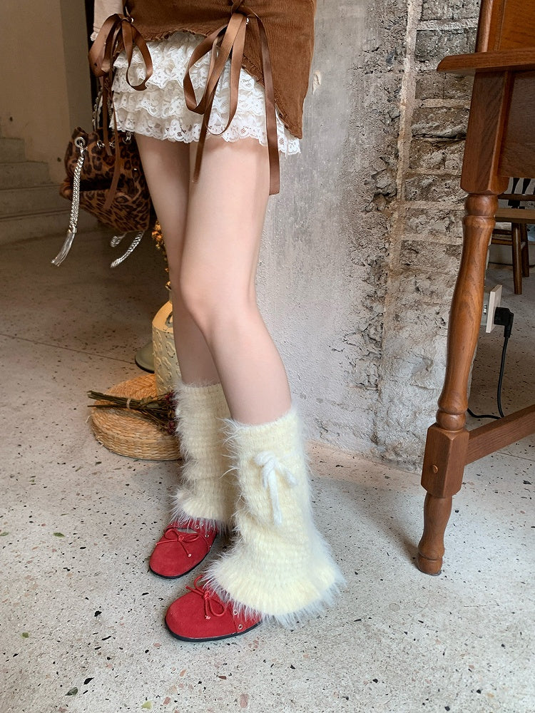 Fluffy Knit Bow Leg Warmers - Sweet Lolita Kawaii Accessory | LilyVow | CoyBunny