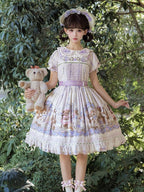 Cute Bear Print OP Dress with Purple Floral Embroidery, Doll Collar & Puff Sleeves - Stars Fall on the Foggy Island | CoyBunny