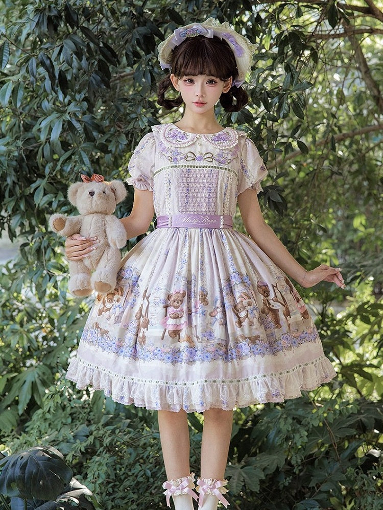 Cute Bear Print OP Dress with Purple Floral Embroidery, Doll Collar & Puff Sleeves - Stars Fall on the Foggy Island | CoyBunny