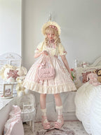 Light Pink Crossbody Lolita Bag with Diamond Pattern and Bows - Seraphim | CoyBunny