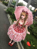 Cat Print Crimson Sweet Lolita OP Dress with Removable Crisscross Halter Straps - Pastry Chef | CoyBunny