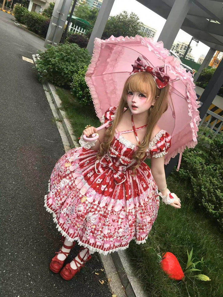 Cat Print Crimson Sweet Lolita OP Dress with Removable Crisscross Halter Straps - Pastry Chef | CoyBunny