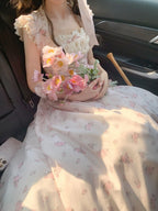 Graceful Pink Floral Lace JSK Dress with Brooch Set | CoyBunny