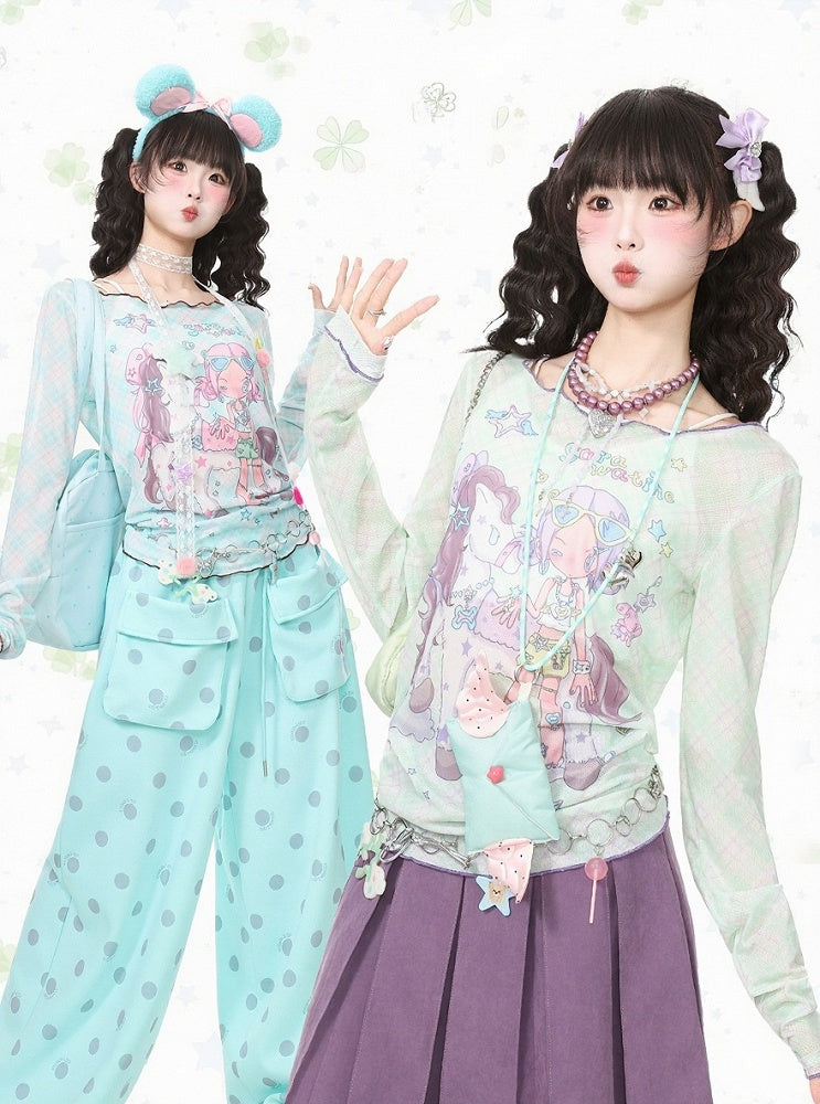 Cyan Breathable Mesh Long Sleeve Sun Protection Tee with Cartoon - Languid Park | CoyBunny
