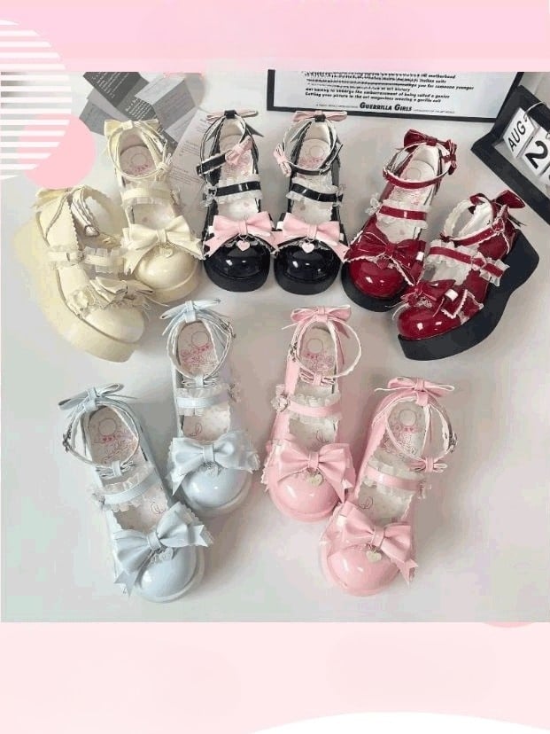 Sweet Pink Platform Mary Janes Bow Embellished Scalloped Heels - Pu Yue Meng | CoyBunny