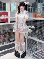Light Dusty Blue Double-Layer Overall Skirt with Lace Trim - Puppet Bombs | CoyBunny