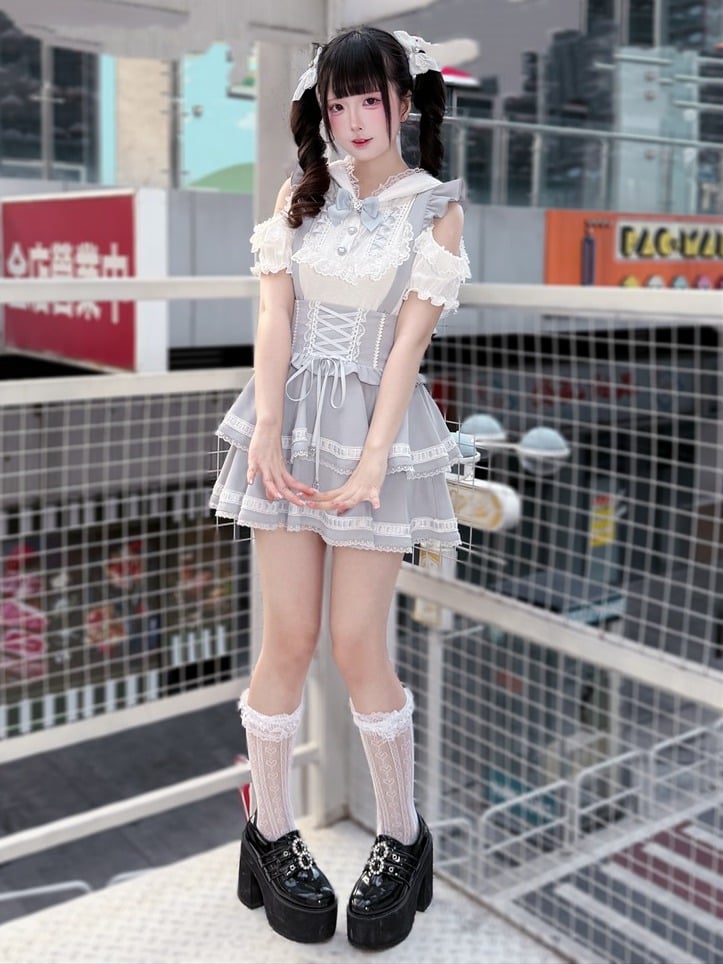White & Light Blue Cutout Shoulder Bunny Ear Hooded Jacquard Knit Top with Lace and Bow Details - Puppet Bombs | CoyBunny