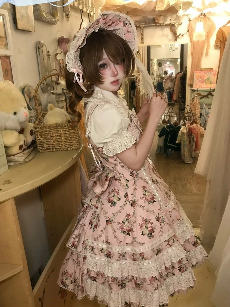 Pink Floral Cotton JSK Dress with Snowfall Motif and Sweet Lolita Style | CoyBunny