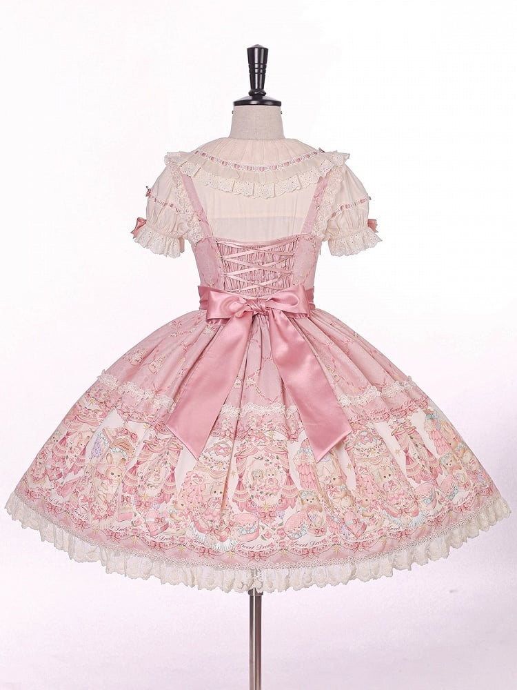Sweet Pink Doll-Themed Lolita JSK with Bow Accents and Toy Bed Print - Alice Girl | CoyBunny