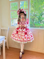 Red Bell Sleeves Sweet Lolita OP Dress with Teddy and Cake Print - Miss Han | CoyBunny