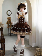 Sweet Lolita Overall Dress in Coffee with Dropped Waist Bow and Tiered Hem - With PUJI | CoyBunny