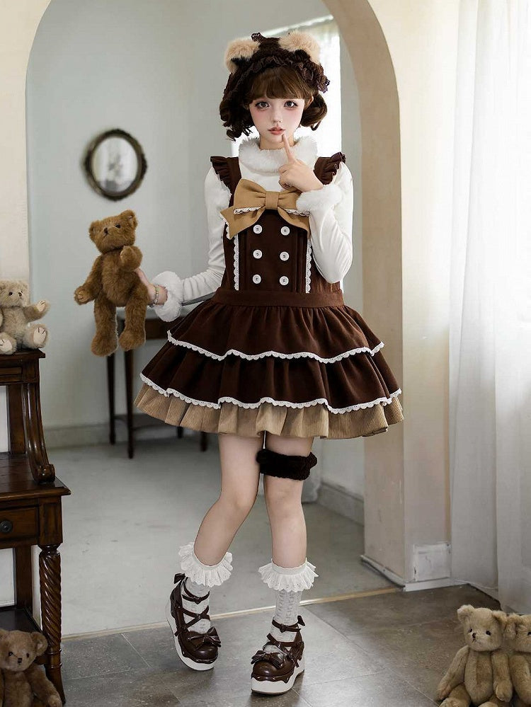 Sweet Lolita Overall Dress in Coffee with Dropped Waist Bow and Tiered Hem - With PUJI | CoyBunny