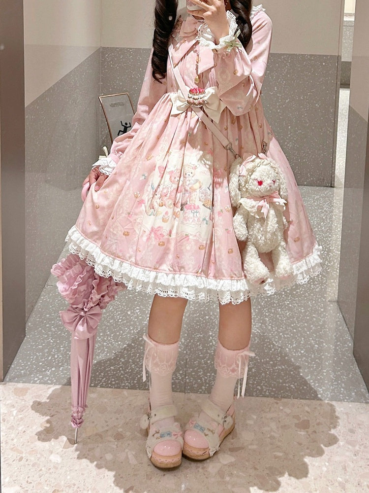 Pink Peter Pan Collar Bear & Cake Print Long-Sleeve OP Dress - Honey Village | CoyBunny