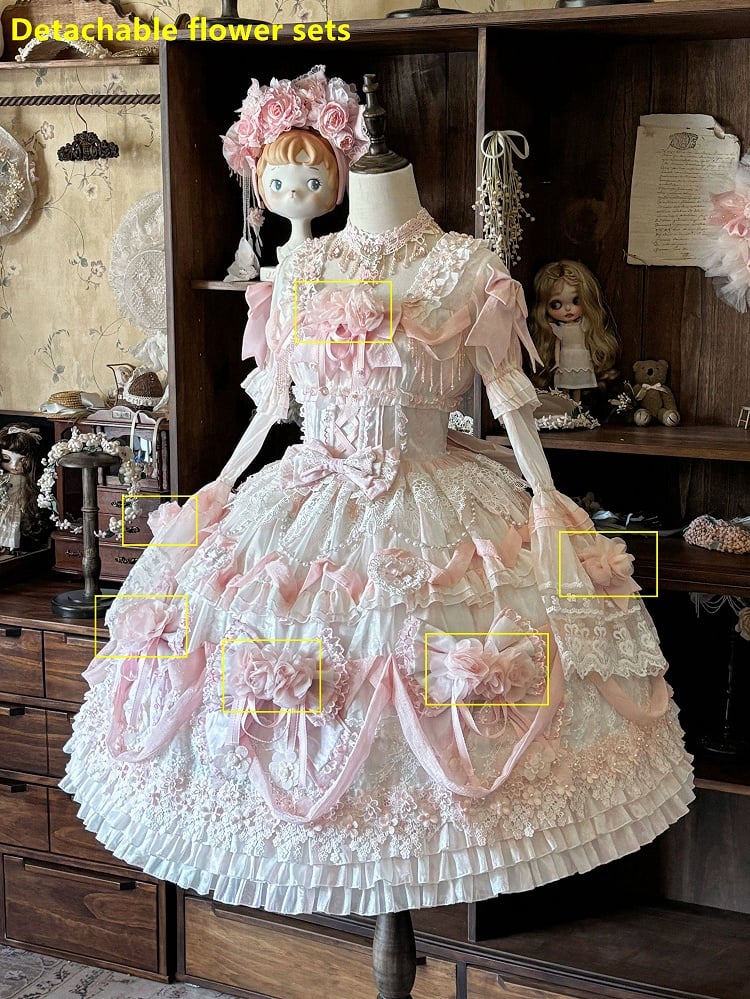 Rose Hanayome Lolita Hime Gown with Detachable Sleeves, Flower Bows and Pearl Chains - sedef | CoyBunny