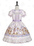 Cute Bear Print OP Dress with Purple Floral Embroidery, Doll Collar & Puff Sleeves - Stars Fall on the Foggy Island | CoyBunny