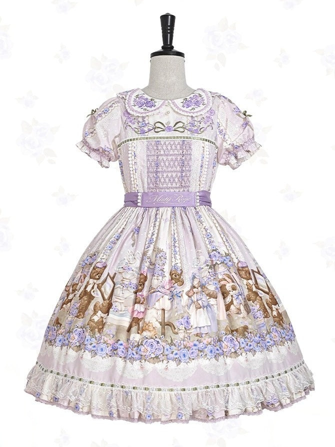 Cute Bear Print OP Dress with Purple Floral Embroidery, Doll Collar & Puff Sleeves - Stars Fall on the Foggy Island | CoyBunny