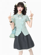 Green Plaid Short Sleeve Shirt with Kitty Embroidery - Languid Park | CoyBunny