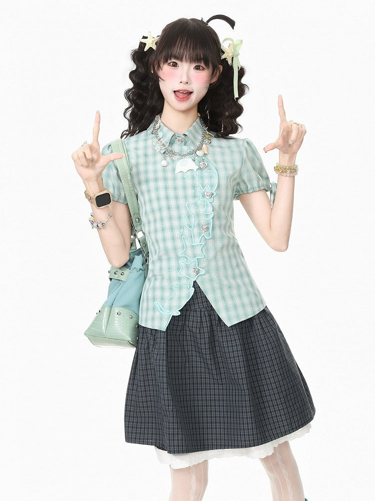 Green Plaid Short Sleeve Shirt with Kitty Embroidery - Languid Park | CoyBunny