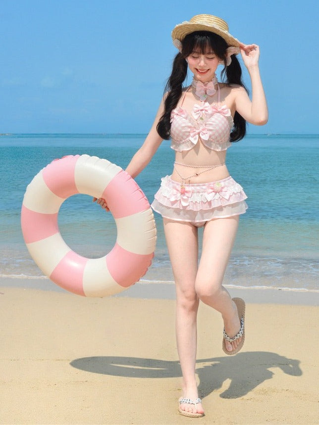 Sweet Strawberry Themed Light Pink Gingham Two-Piece Swimsuit Set Halter Top and Skirted Swim Brief - To Alice | CoyBunny