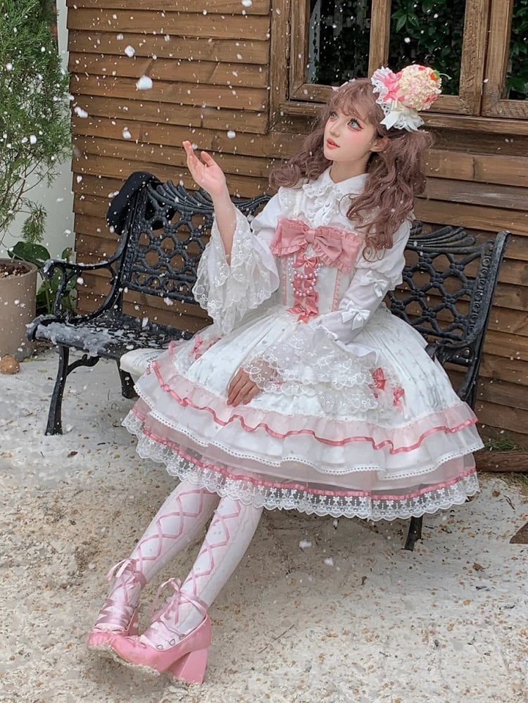 White and Pink Bowknot Details Tiered Skirt Sweet Lolita Dress Jumper Skirt | CoyBunny