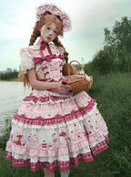 Pink Cherry Cake Print Sweet Lolita Dress with Layered Ruffles - Strawberry Fantasy | CoyBunny