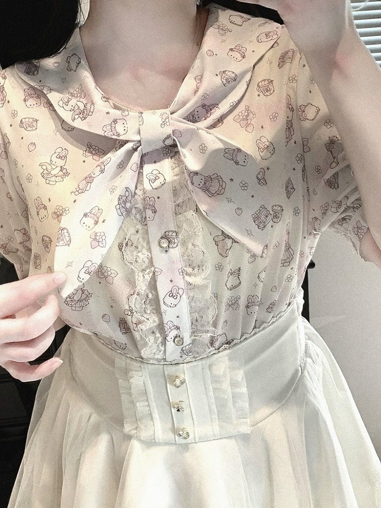 Bunny Ear Bow Collar Blouse, Short Sleeve, Pink & White Print - Kitty Bxllet | CoyBunny