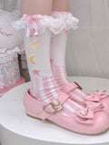 Sweet Lolita Striped Calf Socks with Kitty, Star and Moon Print | CoyBunny