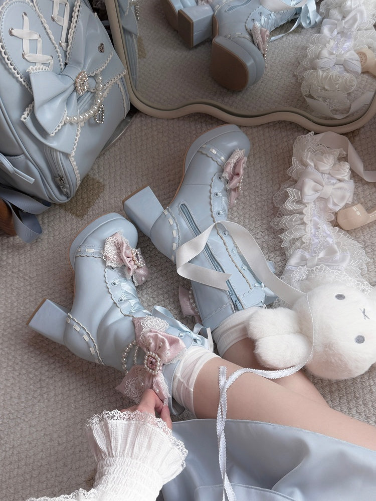 Blue Sweet Lolita Boots with Rhinestone Accents - Sheep Puff | CoyBunny