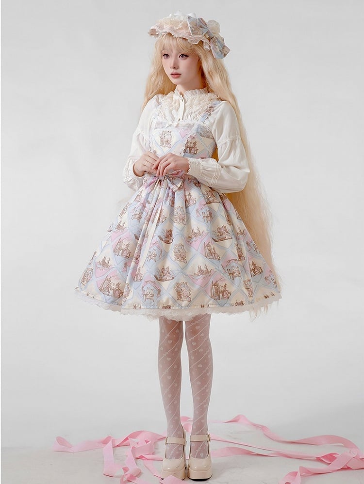 Rabbit Theme Sweet Lolita JSK Dress with Blue Diamond Print | CoyBunny