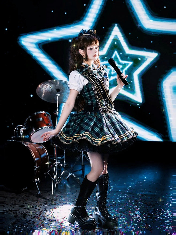 Green Idol Lolita Plaid JSK Dress with Golden Bear Embroidery and Black Scalloped Hem - LiLi Chain | CoyBunny