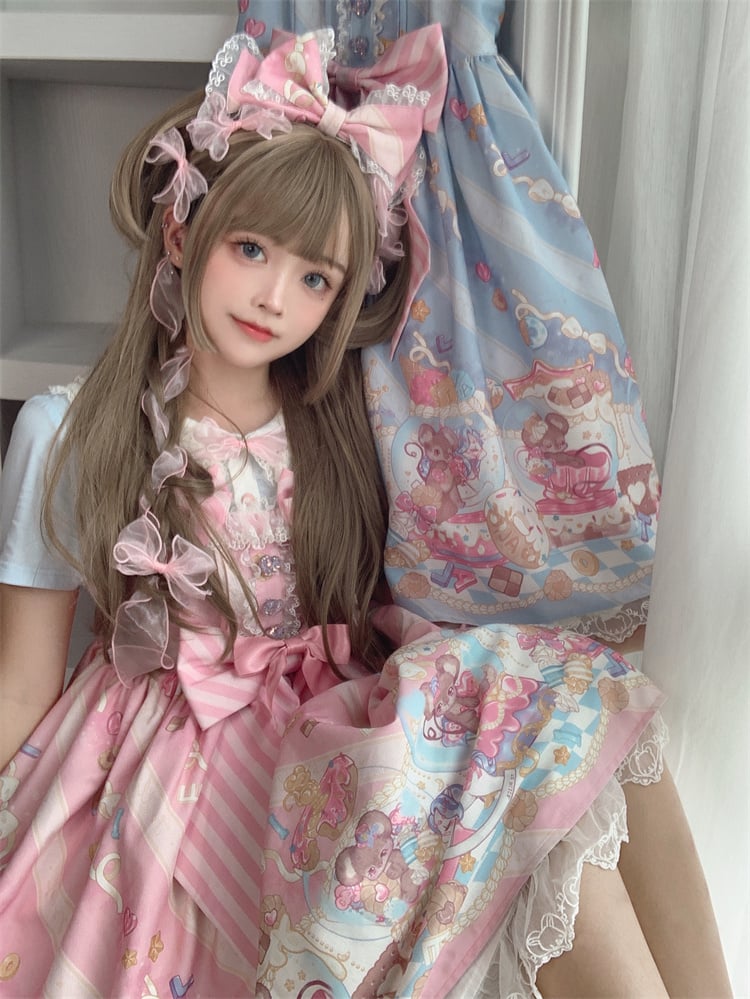 Ears Bow Pink Big Neckline JSK Sweet Lolita Dress Adorable Mouse Print Mouse Design - To Alice | CoyBunny