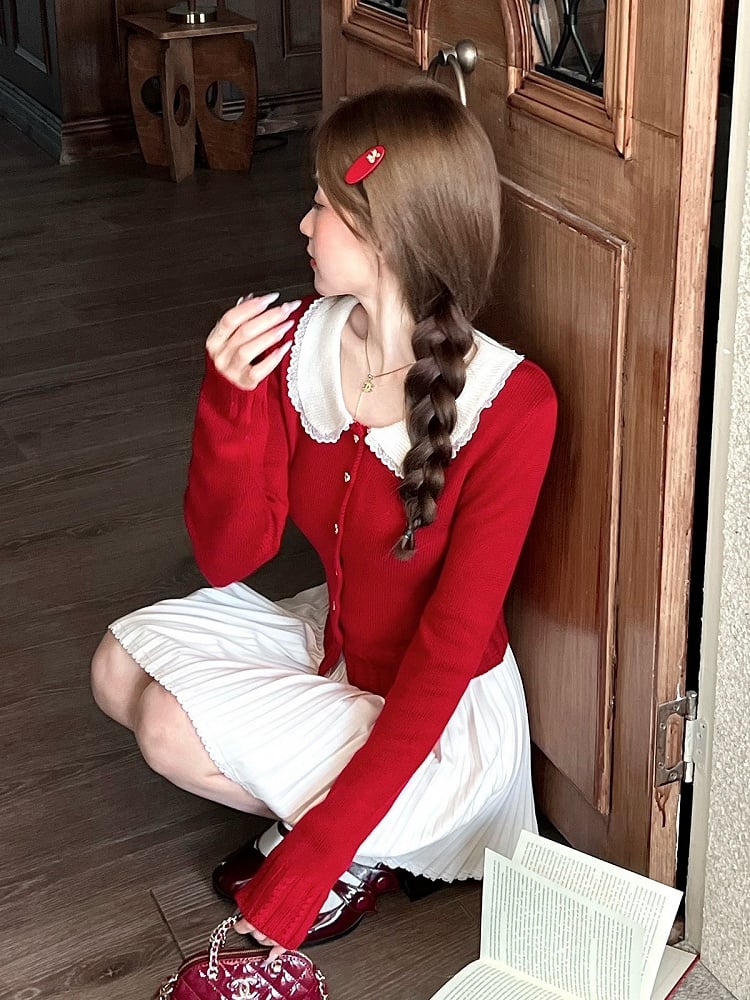Red Knit Peter Pan Collar Cardigan with Lace - Qchiwawameme | CoyBunny